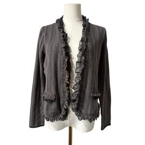 Dana Buchman XS Gray Herringbone Ruffle Fringe Wool Blend Cardigan Jacket Luxury